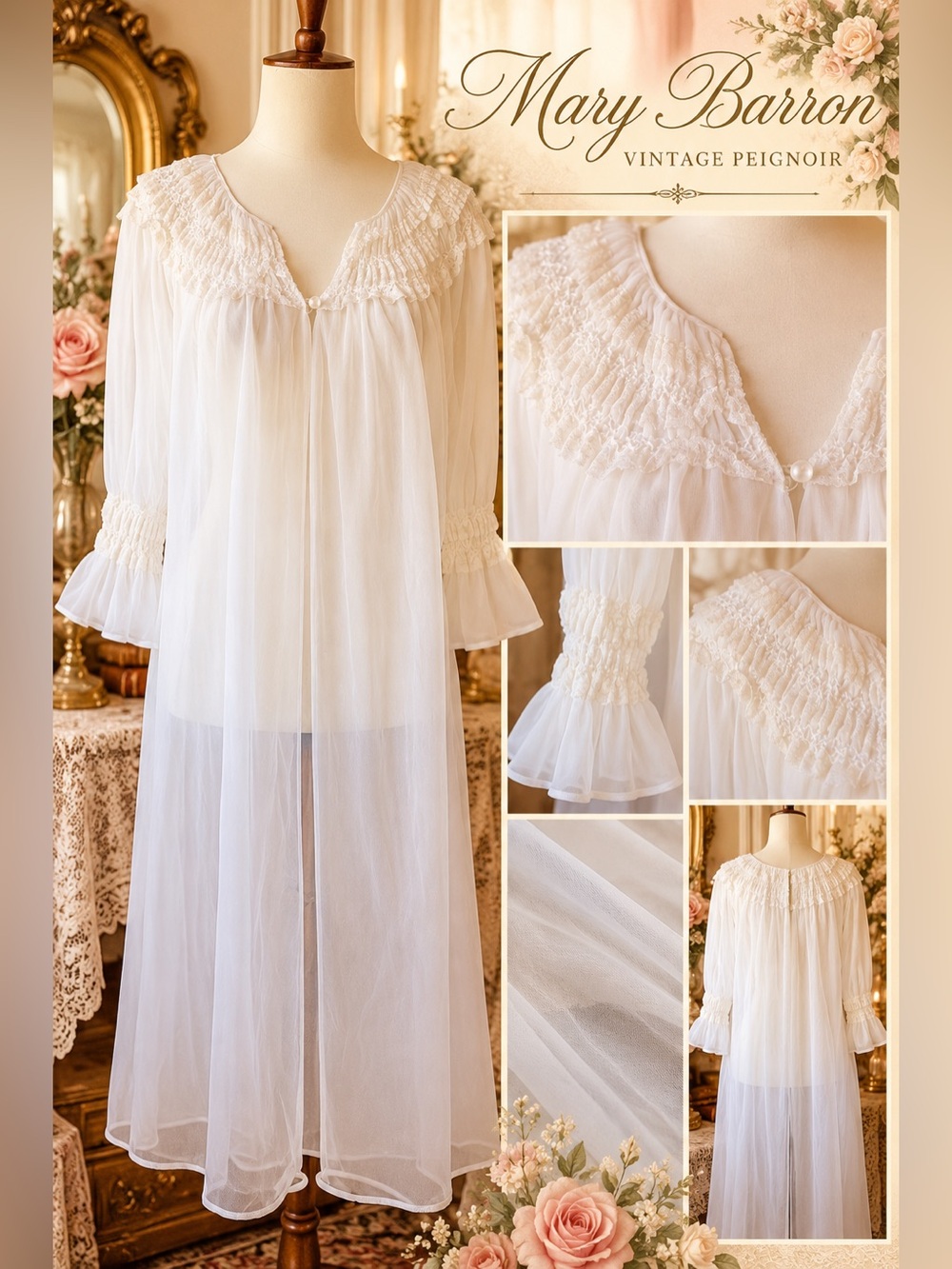 ✨ Vintage 1950s–60s Mary Barron White Chiffon Peignoir ✨